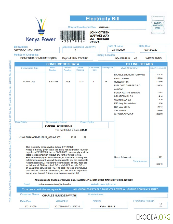 Kenya Power utility bill template in Word and PDF format